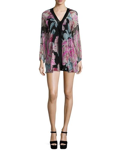 Elizabeth and James Cleo Floral-Print Long-Sleeve Mini Dress Black Multi