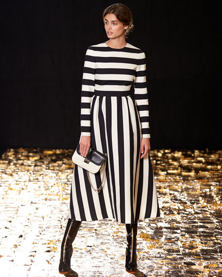Valentino Long-Sleeve Jewel-Neck Large-Striped Dress, Black/White