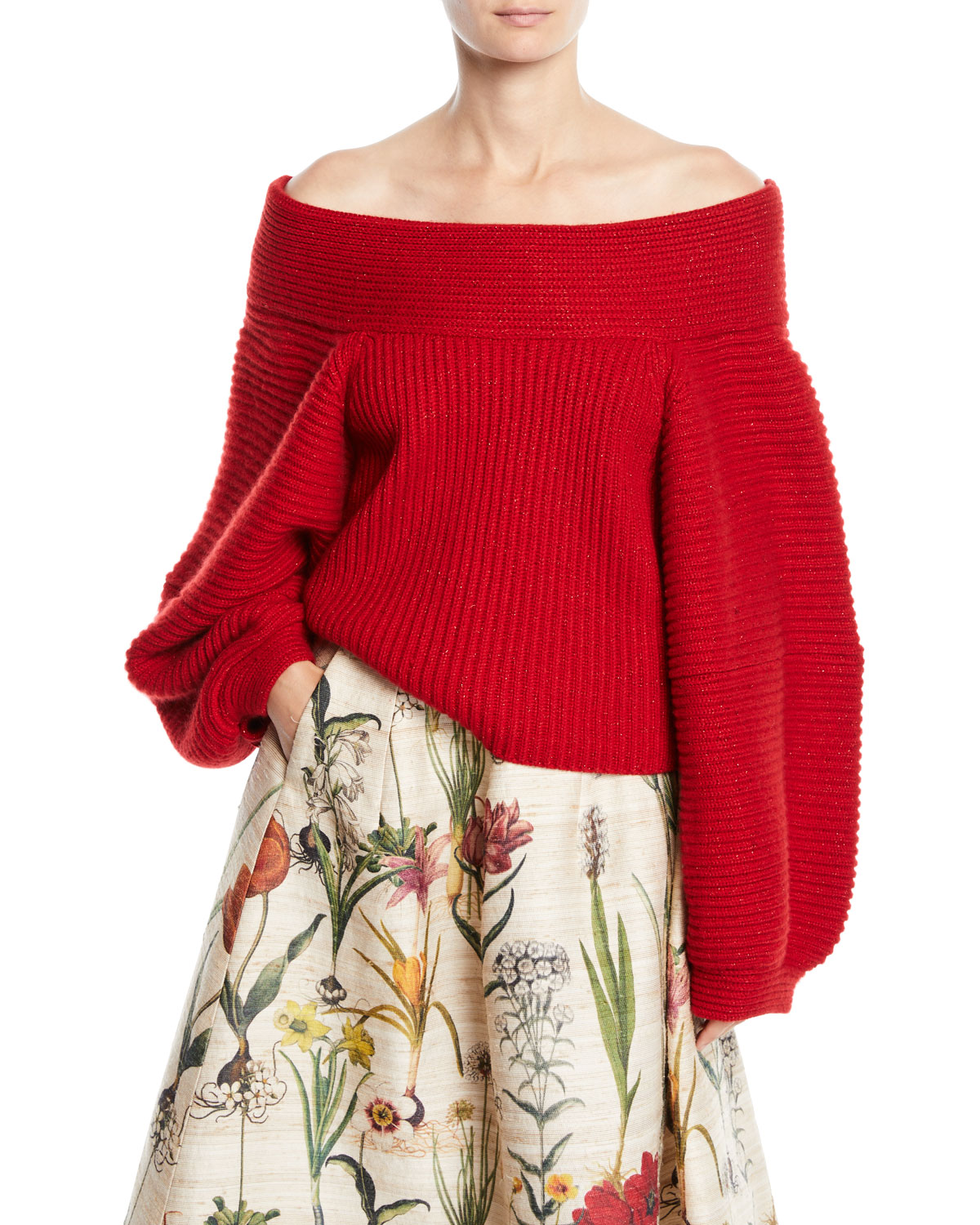Off-the-Shoulder Balloon-Sleeve Wool 