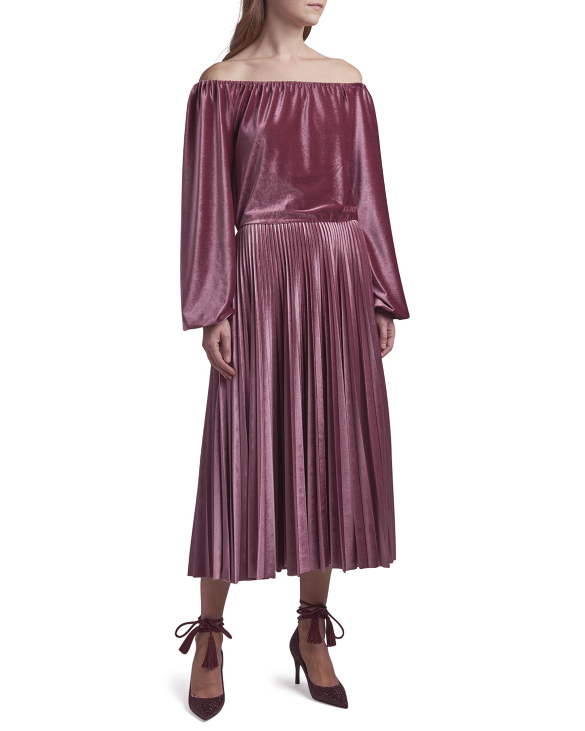 Off-the-Shoulder Pleated Velvet Dress 