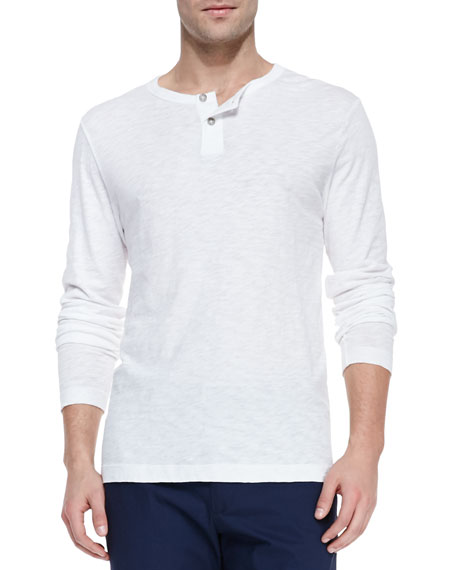 Long-Sleeve Two-Button Henley Shirt, White