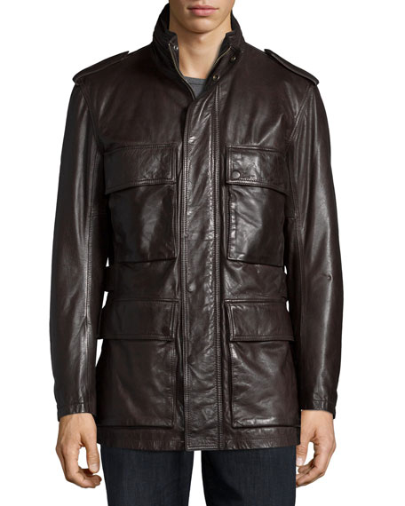 Andrew Marc Tompkins Utility Pocket Leather Jacket Dark Brown