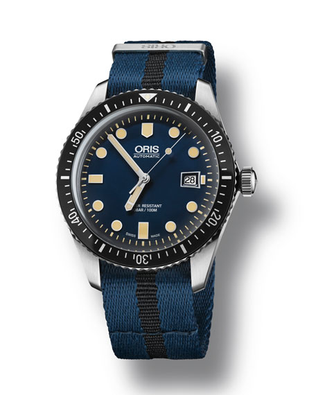 mens 42mm diver watch w/ textile strap, black/blue