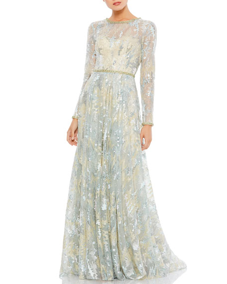 Mac Duggal Sequin Net Long-Sleeve A 