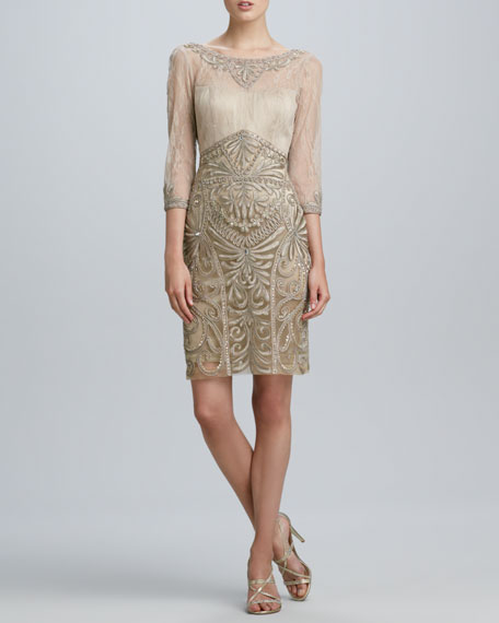 Sue Wong Drape-Back Beaded Cocktail Dress