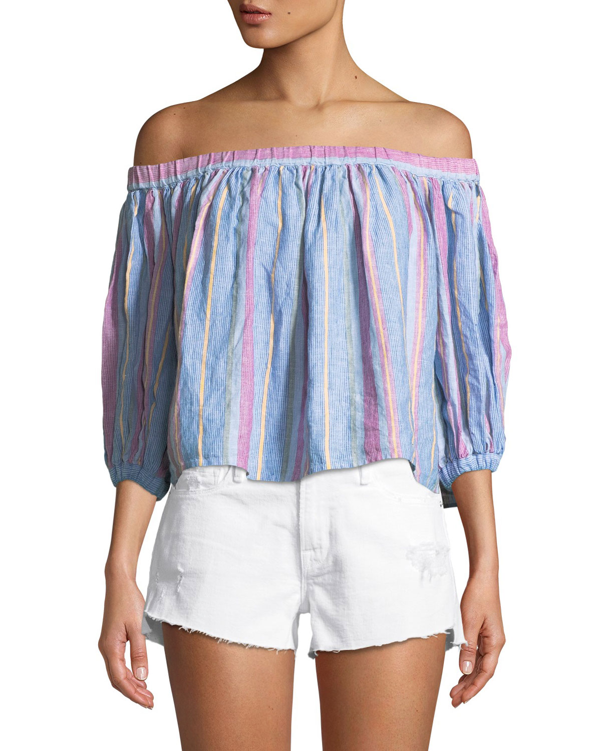 FRAME OfftheShoulder Striped Linen Top Neiman Marcus