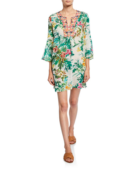 Johnny Was Floral-Print Embroidered V 