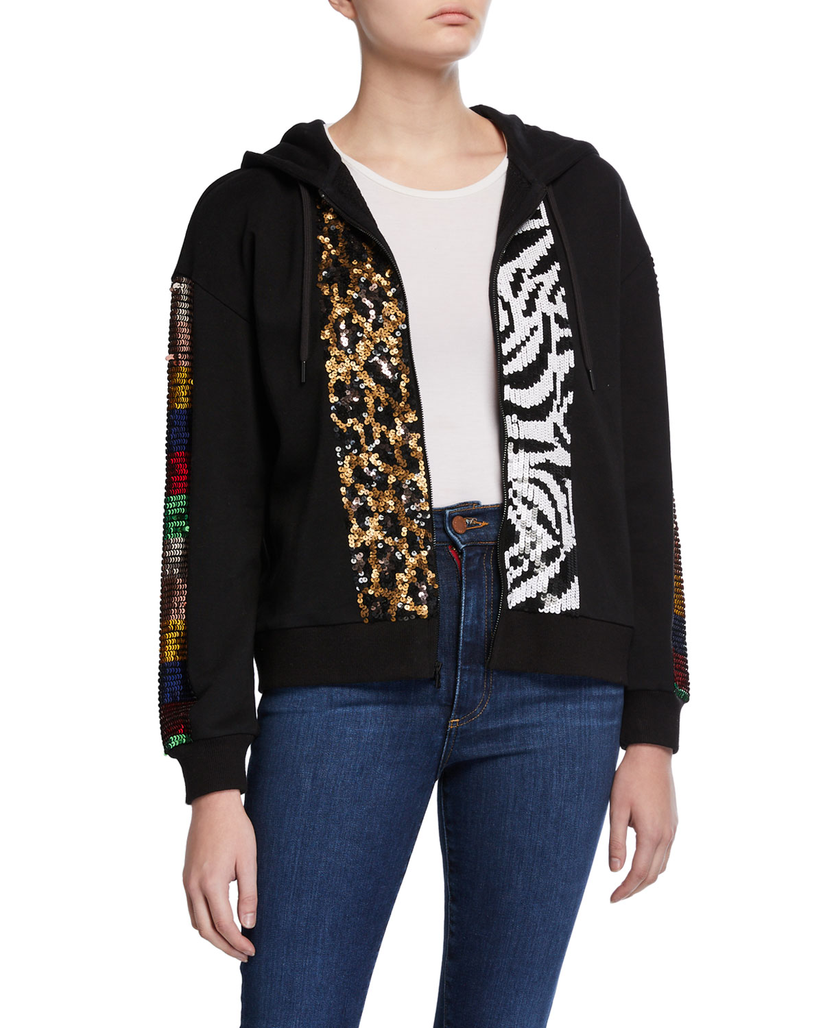 ALICE + OLIVIA JEANS Barron Sequined Zip-Up Hoodie | Neiman Marcus