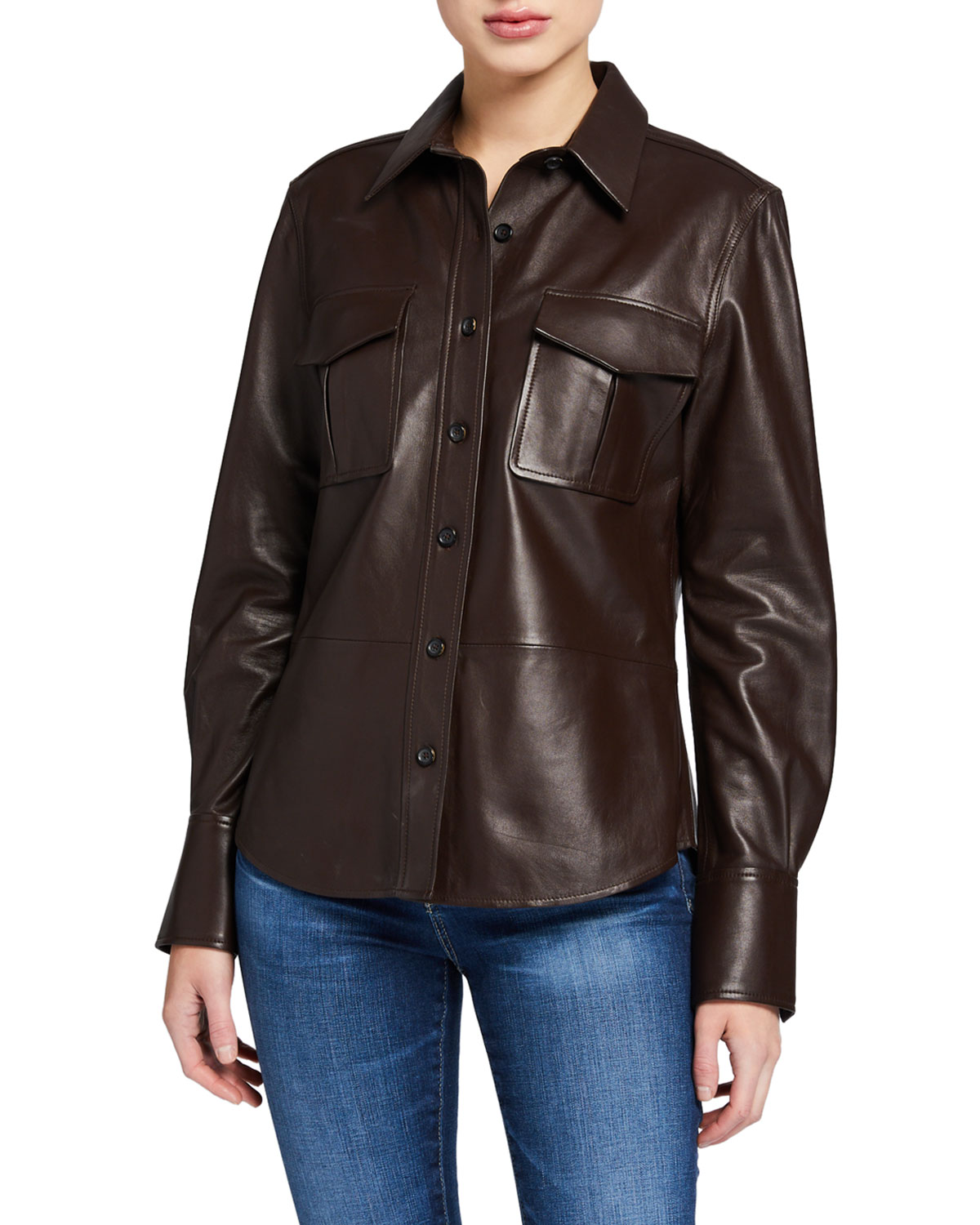 Button-Front Leather Blouse | Neiman Marcus