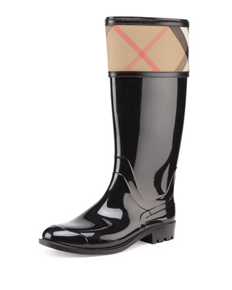 Burberry Check-Cuff Rubber Rain Boot 