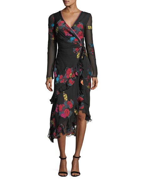 Etro Floral-Print Silk Faux-Wrap Midi 