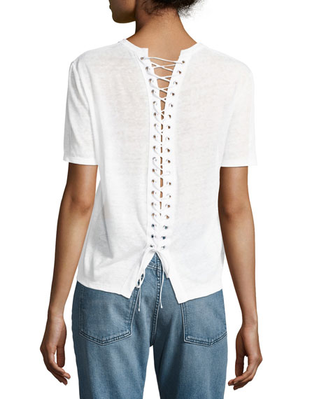 A.L.C. Alber Lace-Back Linen Tee, White 