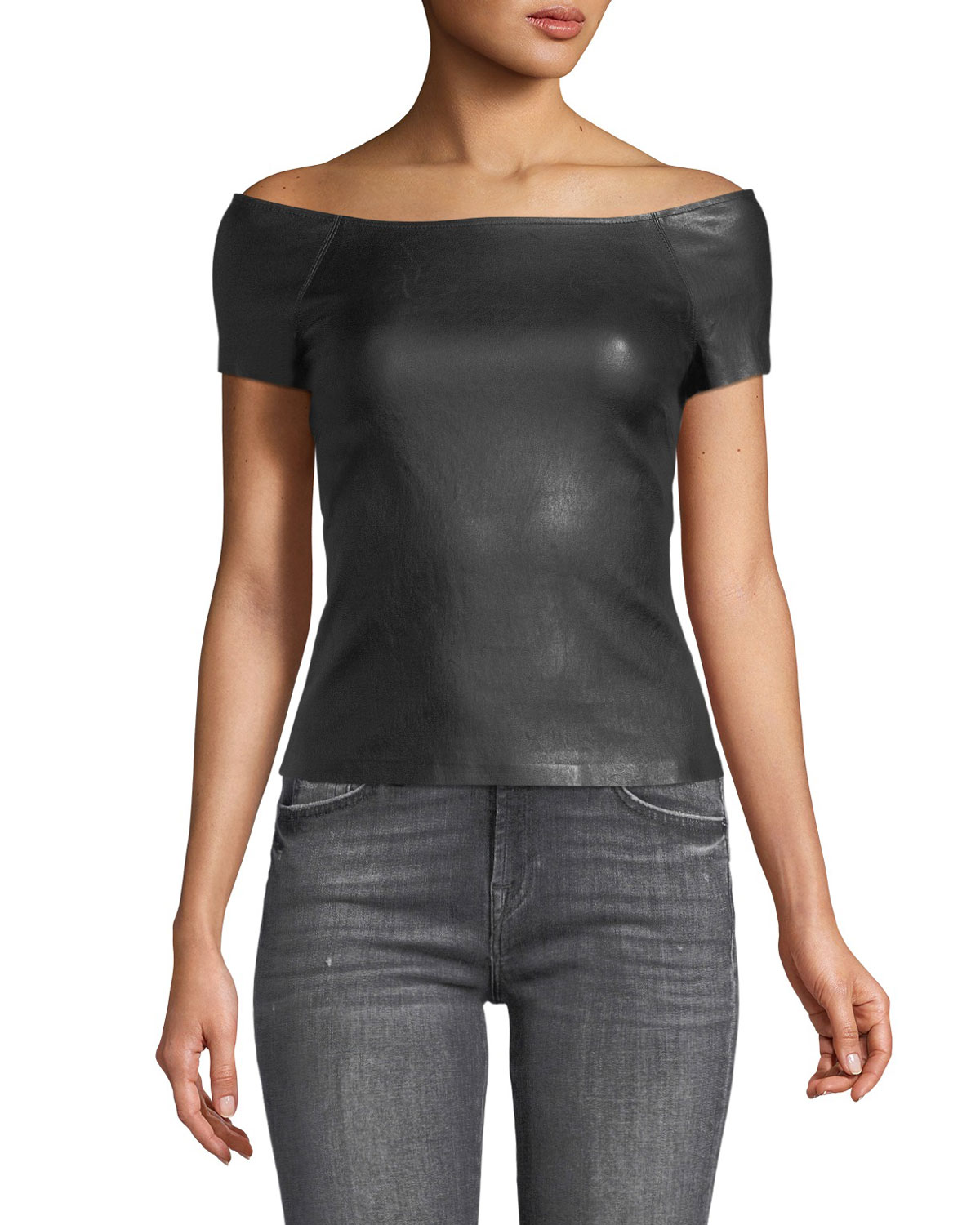 Theory OfftheShoulder Fitted Bristol Leather Ballet Top Neiman Marcus