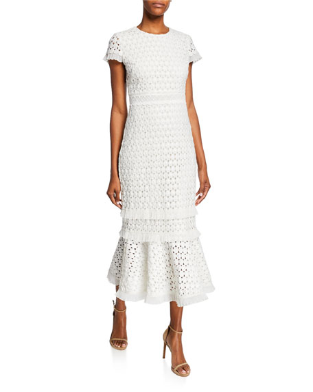 Short-Sleeve Midi Lace Flounce Dress 