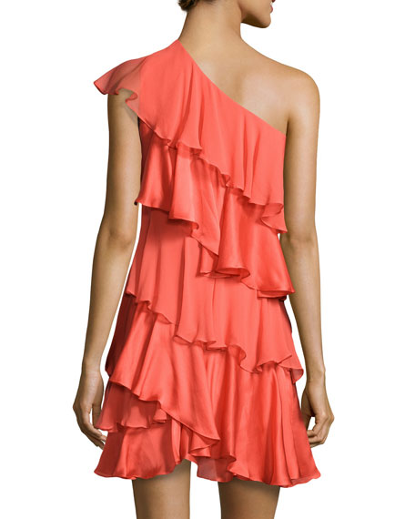 Shoulder Tiered Silk Dress, Tangelo
