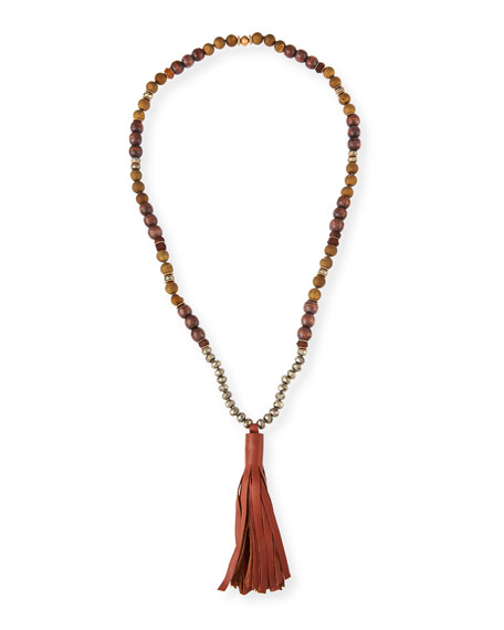 Akola Beaded Pyrite \u0026 Wood Tassel Necklace