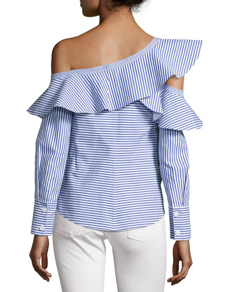 Self-Portrait Striped Frill Asymmetric Shirt, Navy/White ...